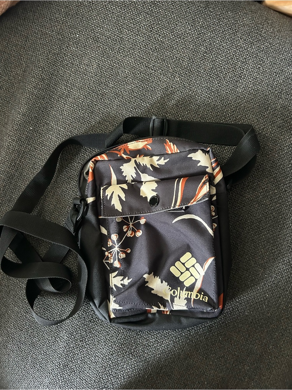 Columbia Black Floral Belt Bag with Cream and Orange Accents